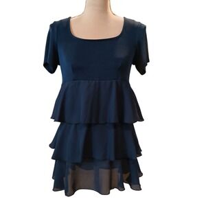 Vtg Slinky Brand Navy Blue Tiered Ruffle Blouse Womens XS  Made in USA y2k